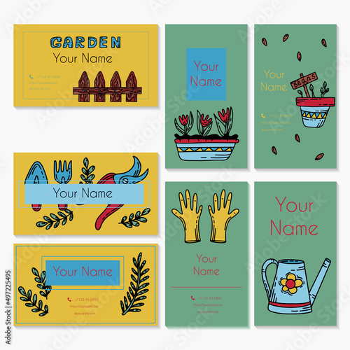 Vector gardening doodle business cards. Cartoon hand drawn isolated design horticulture elements. Spring set for gardening and floriculture. Sketch of a nerd hobby icon