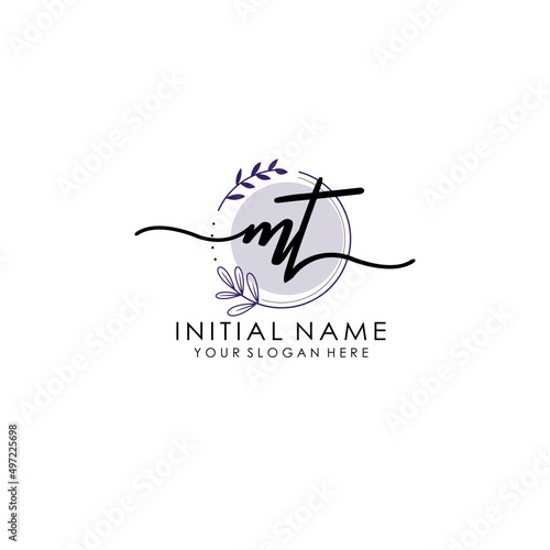 MT Luxury initial handwriting logo with flower template, logo for beauty, fashion, wedding, photography