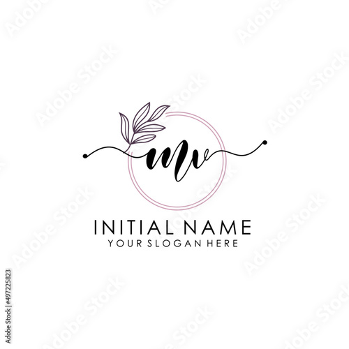 MV Luxury initial handwriting logo with flower template, logo for beauty, fashion, wedding, photography