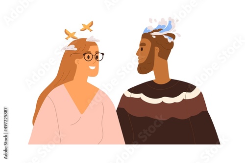 Happy romantic couple in healthy relationship. Man and woman falling in love, dreaming. Mental match of male, female. Amour, psychology concept. Flat vector illustration isolated on white background