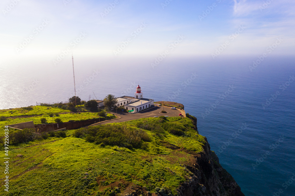 Aerial view of the Ponta do Pargo Lighthouse in the Madeira Islands, Portugal