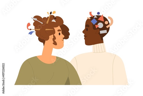 Creative vs logical analytical thinking, mind. Collaboration, interaction, ideas exchanging of diverse people with different mindset, perception. Flat vector illustration isolated on white background