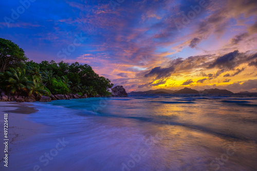 Colorful sunset over Anse Severe Beach at the La Digue Island  Seychelles