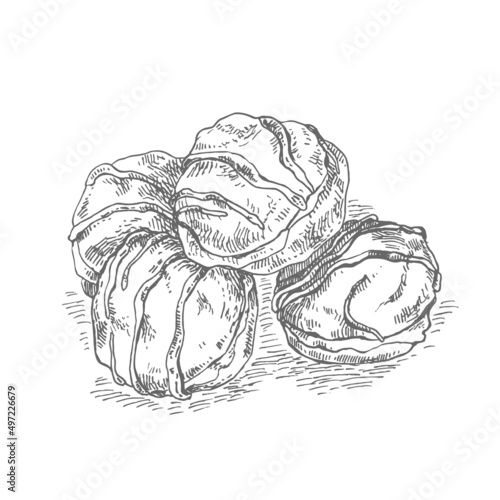 Hand drawn vector french cream profiteroles cakes