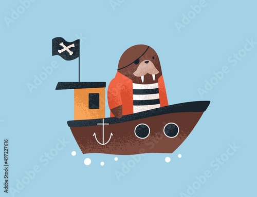Cute walrus pirate in ship, traveling by sea. Sailor captain, baby animal in ocean. Funny childrens character at adventure. Fairytale seaman at sailing. Childish colored flat vector illustration