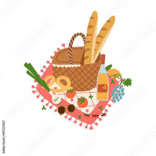 Picnic basket Summer picnic isolated element. Picnic basket on red blanket Outdoor activity. Picnic background Food tomato, fruits baguette bottle lemonade vector illustration. Garden breakfast poster