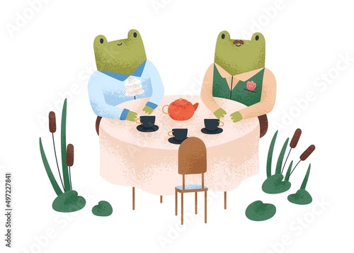 Couple of cute frogs on date. Childish characters, funny animals drinking tea in morning at dining table in swamp. Nursery fairytale. Childrens flat vector illustration isolated on white background