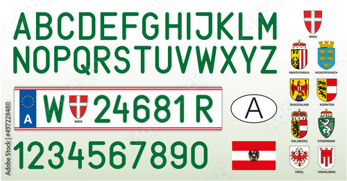 Austrian green car and electric cars license plate, letters, numbers and symbols, Austria, vector illustration