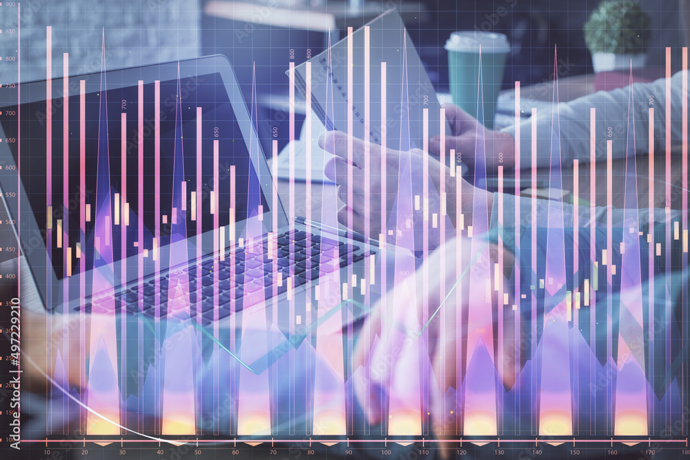 Double exposure of man and woman working together and forex chart hologram. Business concept. Computer background. Double exposure of man and woman working together and forex chart hologram. Business concept. Computer background.