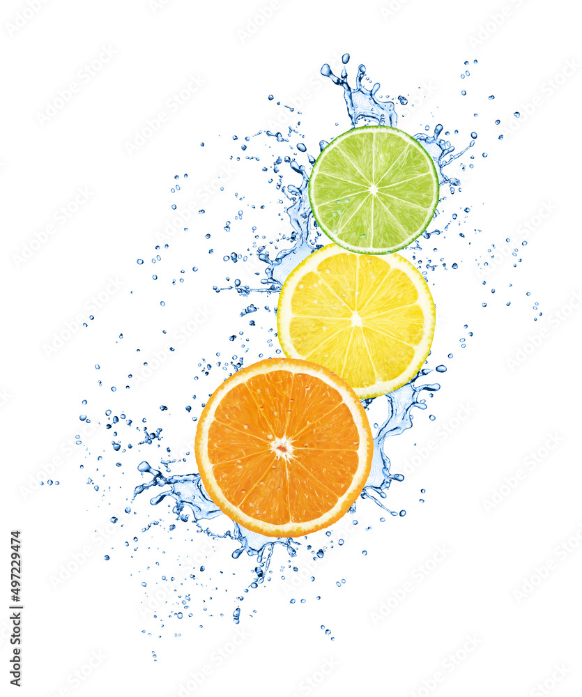 Slices of citrus fruits in water splashes isolated on white background. Slices of citrus fruits in water splashes isolated on white background.