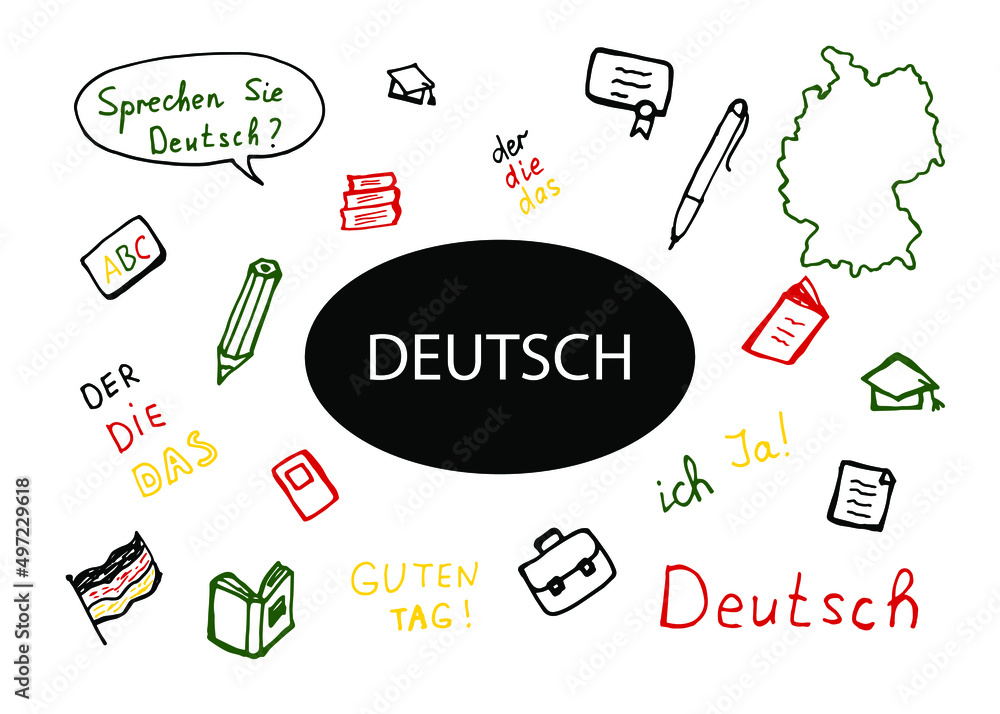 German lesson. Set of color doodles. Deutsch. Vector