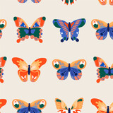 Seamless pattern of tropical butterflies with colorful wings. Hand drawn flying insects. Exotic fauna beauty. Vector organic elements in flatter, less textured forms.