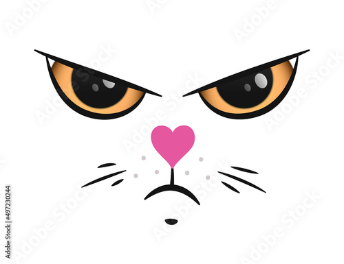 Funny angry cat face with a pink heart nose, doodle style vector portrait.