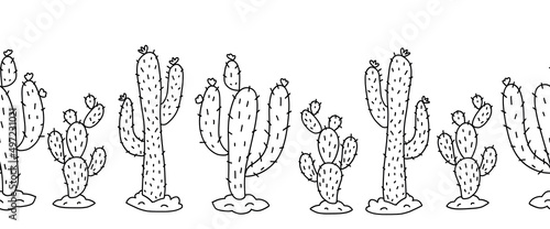 Cacti Desert plants seamless vector border. Wild West border cactus black white. Repeating horizontal pattern ethnic Native American decor print. Bohemian Navajo, Indian, Peru, Mexican decor banner.