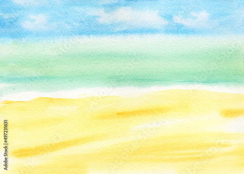 Watercolor seascape with sky, sea, clouds, yellow sand, coast. Hand drawn sketch, summer illustration