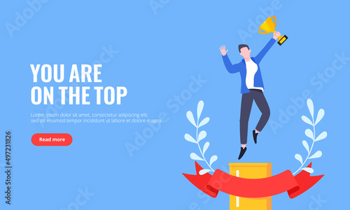 Best worker employee winner with trophy cup inside award ribbon and floral wreath flat style design vector illustration. Employee of the month, talent award, best worker competition prize.