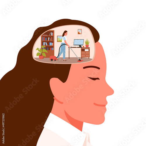 Woman cleaning her mind and relaxing. Mental harmony, brain problems treatment, intellectual detox process, cognitive therapy session, stop worrying cartoon vector illustration