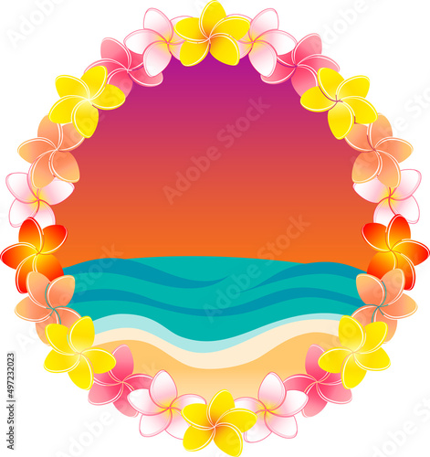 プルメリアの花飾りと、南国のサンセットビーチのリゾート感のあるイラスト