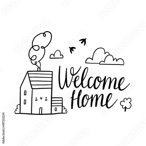 Welcome home, cute house vector doodle