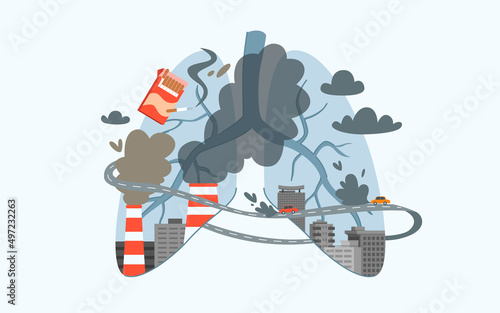 Air pollution from factory chimneys, car exhaust and cigarette smoke inside abstract human lungs vector illustration. Cartoon industrial city landscape isolated on white, environmental problem concept