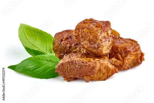 Hungarian goulash, pork stew, isolated on white background.