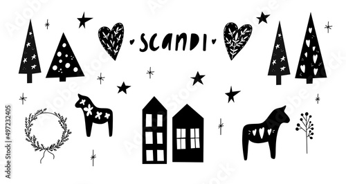 Christmas scandinavian set. Cute cartoon simple New Year. Spruce, Christmas tree, old buildings, wreath, Christmas toys. New year. Modern design for cards, banners, printed materials.