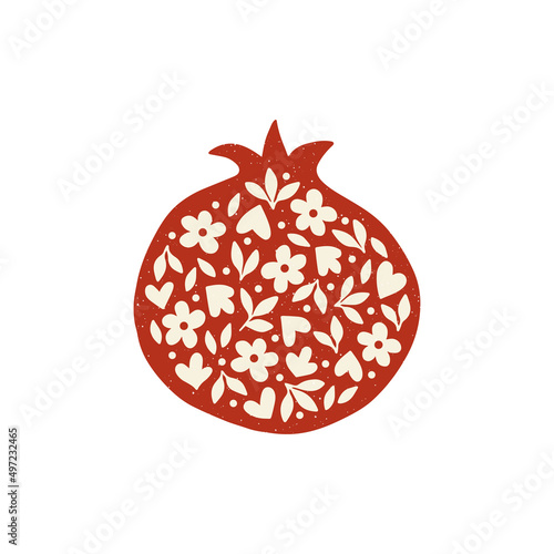 Floral pomegranate hand drawn vector illustration. Fuit silhouette with flower. Juicy organic food drawing isolated on white background. Trendy modern print, home decor poster, kitchen decor.