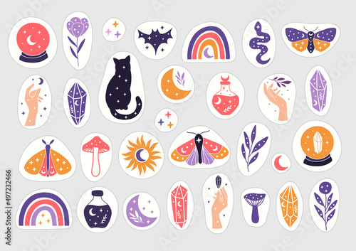 Halloween magical stickers flat vector illustration. Mystical crystal, rainbow, celestial butterfly, snake, cat, witch hand, mushrooms, potion, moon. Witchcraft symbol. Esoteric alchemy element.