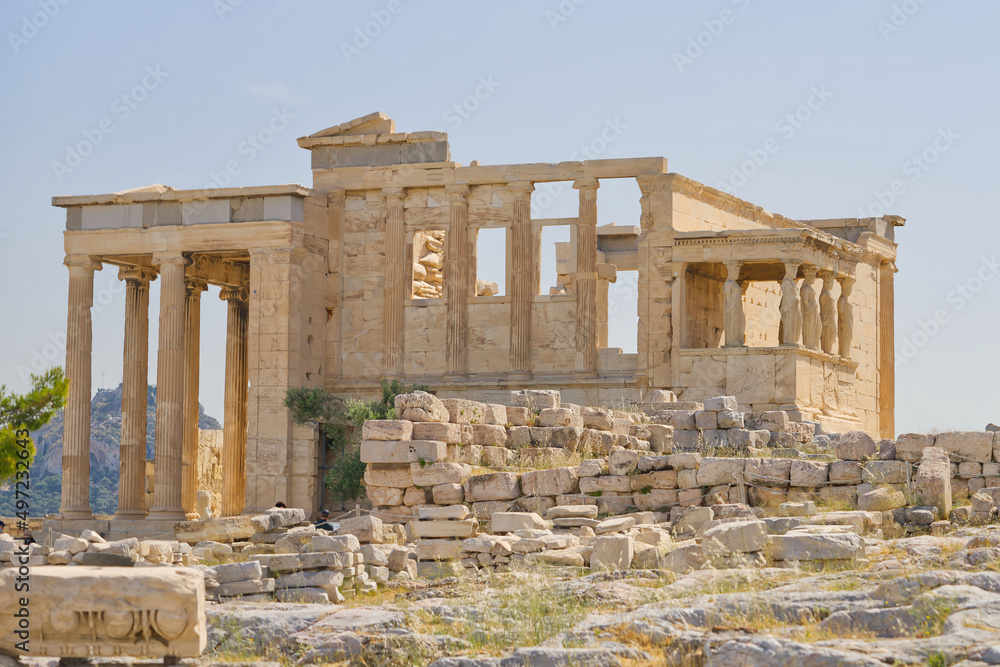 Figures of the Caryatid Porch of the Erechtheion on the Acropolis at Athens. Sunny day no people. close up