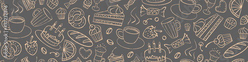 Seamless pattern with hand drawn sweet food. Grunge dessert doodles. Vector illustration.