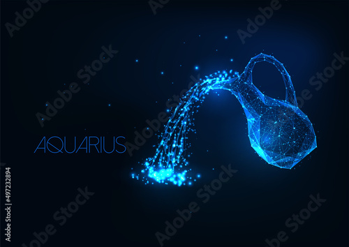 Futuristic clean, purified freshwater concept with glowing jug with pouring water isolated on dark blue