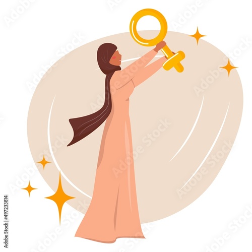 Muslim woman with a gender sign. Arabian woman in hijab. Equality concept illustration. Vector illustration. 