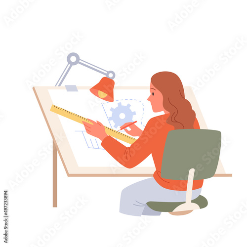 Engineer drawing engineering plan on paper with pencil and ruler vector illustration. Cartoon female character drafting model project on board isolated on white. Copyright, construction concept