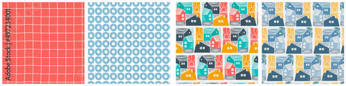 Seamless patterns set with detached houses and rising sun. Residential district. Small buildings in urban, suburban or countryside landscape for surface design and other design projects