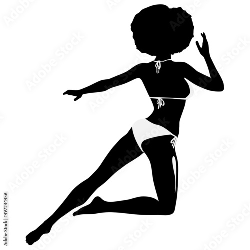 Naked or dressed bikini woman afro hair jumping or flying pose