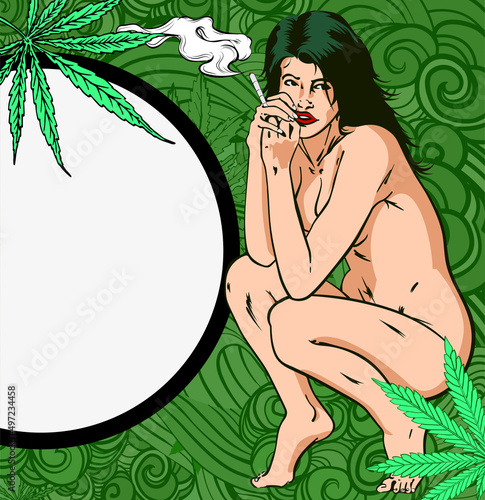 Design vector template with sexy lady and cannabis leafs	
