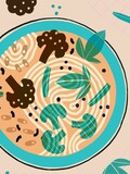 Noodles soup.Flat appetizing. Abstract noodles, shrimp, lemon. Colored Japanese food  illustration. Funny colored typography poster, apparel print design, restaurant menu decoration. Asian food poster