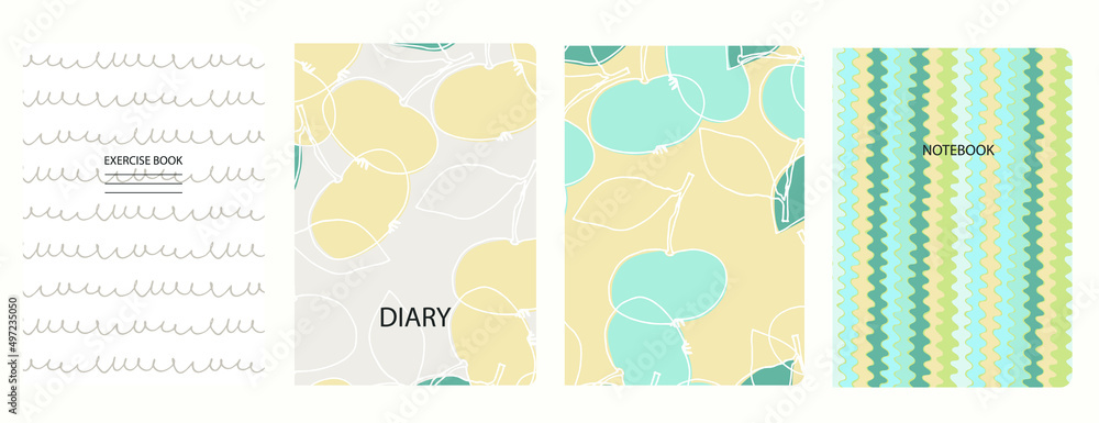 Set of cover page templates with apples, pea, hand drawn gridlines. Based on seamless patterns. Headers isolated and replaceable. Perfect for notebooks, notepads, diaries