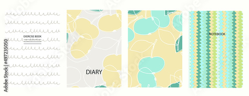 Set of cover page templates with apples  pea  hand drawn gridlines. Based on seamless patterns. Headers isolated and replaceable. Perfect for notebooks  notepads  diaries