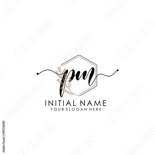 PM Luxury initial handwriting logo with flower template, logo for beauty, fashion, wedding, photography