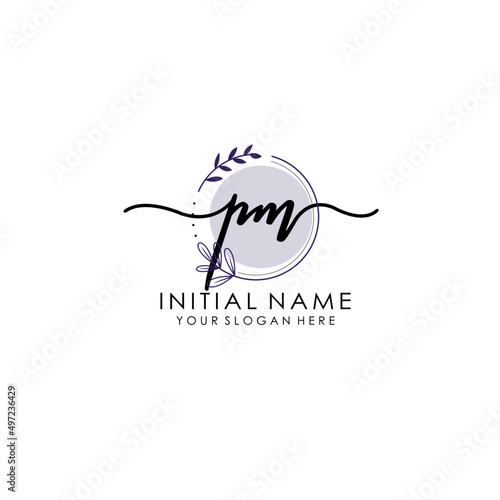 PM Luxury initial handwriting logo with flower template, logo for beauty, fashion, wedding, photography