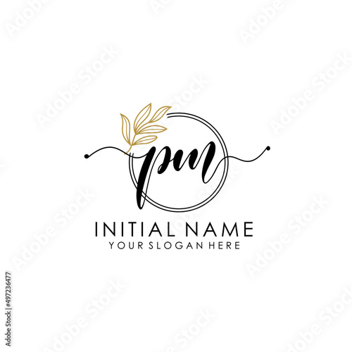 PM Luxury initial handwriting logo with flower template, logo for beauty, fashion, wedding, photography