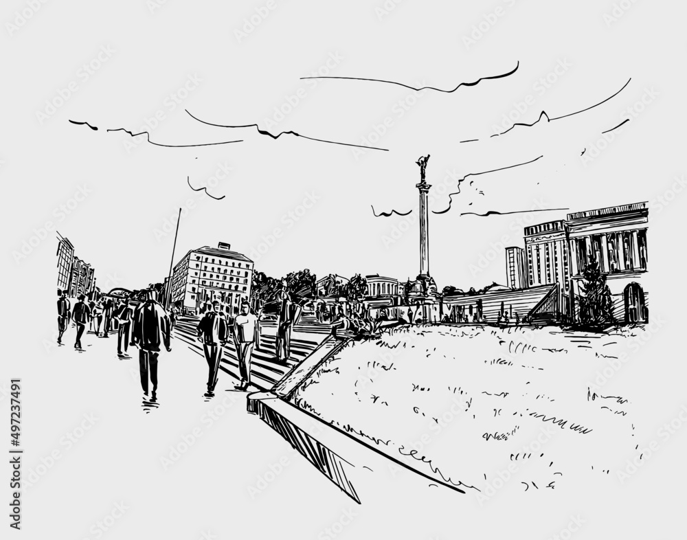 Fototapeta premium Sketch of Kyiv city in Ukraine before war hand draw