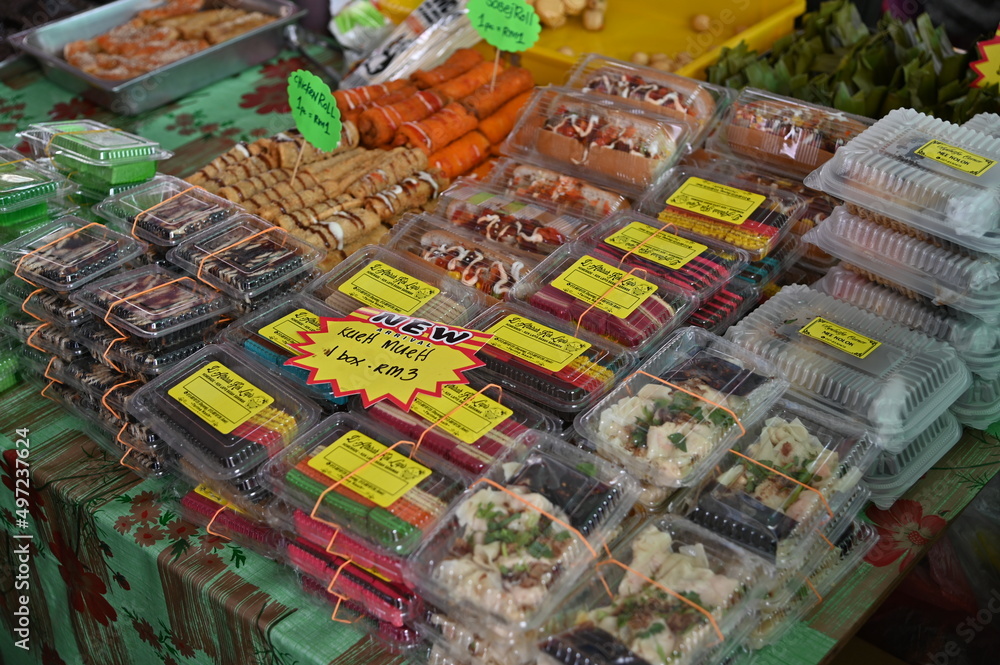 Kuching, Sarawak Malaysia - April 5th 2022:The Malay Ramadan Bazaar (Pasar Ramadan) in Malaysia, with lots of delicacies, under New Norm Kuching, Sarawak Malaysia - April 5th 2022:The Malay Ramadan Bazaar (Pasar Ramadan) in Malaysia, with lots of delicacies, under New Norm