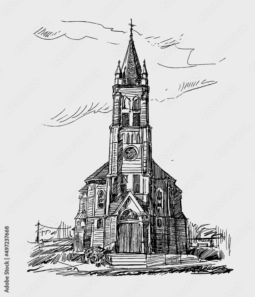 Sketch church in Ukraine before war hand draw