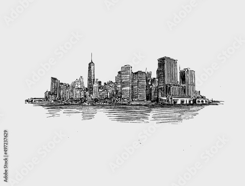Sketch of cityscape along with the river hand draw
