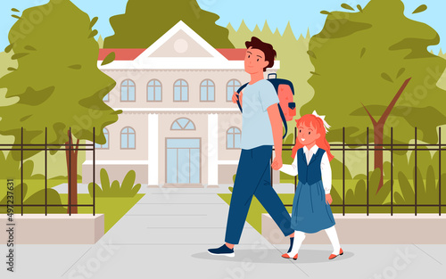 Happy father and cute little student go to school vector illustration. Cartoon parent with backpack and pupil kid in uniform walk on city road together background. Back to school, education concept