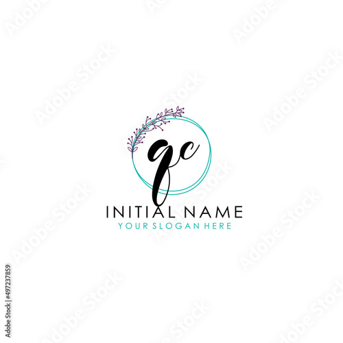 QC Initial letter handwriting and signature logo. Beauty vector initial logo .Fashion boutique floral and botanical