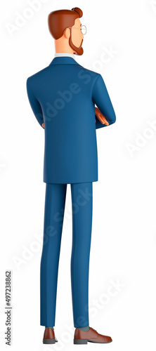 3D illustration of a smiling man. Cartoon back view of a smiling businessman