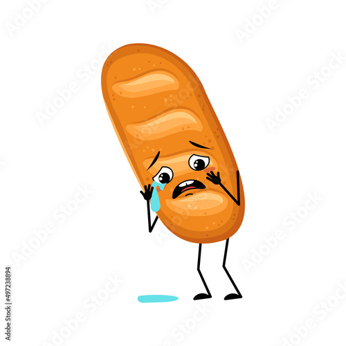 Cute loaf of bread character with crying and tears emotion, sad face, depressive eyes, arms and legs. Baking person, homemade pastry with melancholy expression. Vector illustration